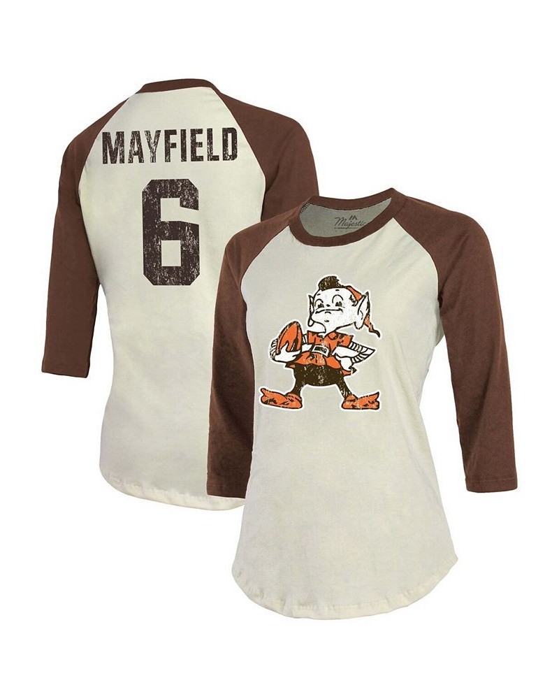 Women's Baker Mayfield Cream Brown Cleveland Browns Player Raglan Name Number 3/4 Sleeve T-shirt Cream, Brown $23.20 Tops