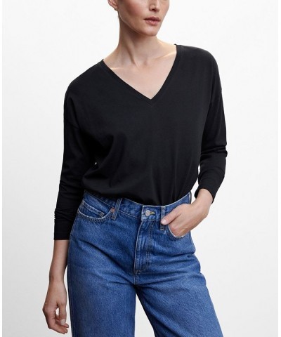 Women's V-Neck Cotton T-shirt Black $14.70 Tops