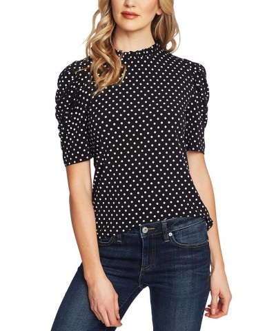 Women's Ruched Short Sleeve Polka-Dot Knit Top Rich Black $27.60 Tops