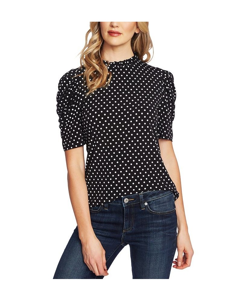 Women's Ruched Short Sleeve Polka-Dot Knit Top Rich Black $27.60 Tops