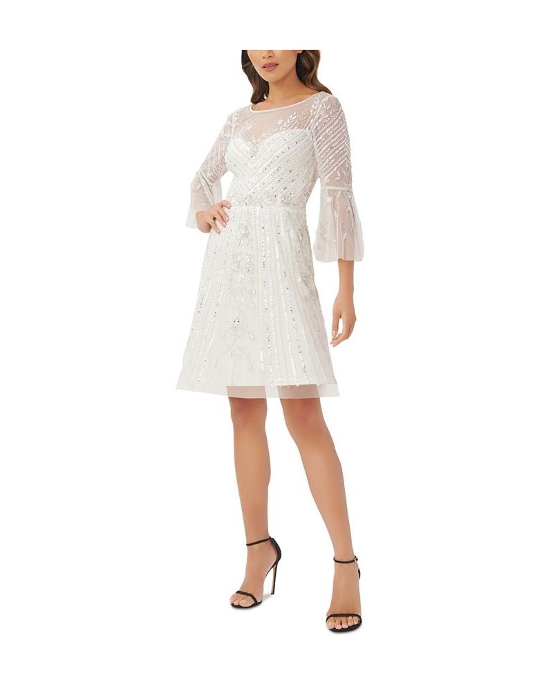 Women's Illusion-Detail Flare-Sleeve A-Line Dress Ivory $104.04 Dresses