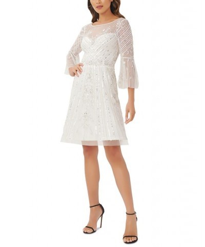 Women's Illusion-Detail Flare-Sleeve A-Line Dress Ivory $104.04 Dresses