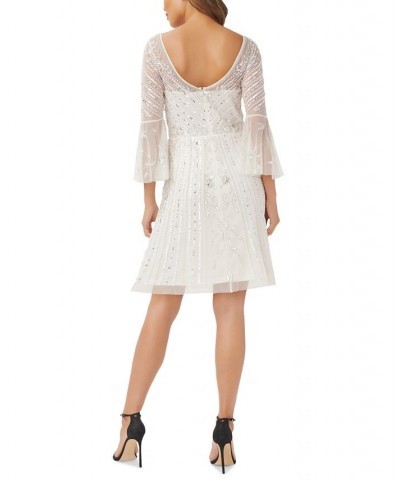 Women's Illusion-Detail Flare-Sleeve A-Line Dress Ivory $104.04 Dresses