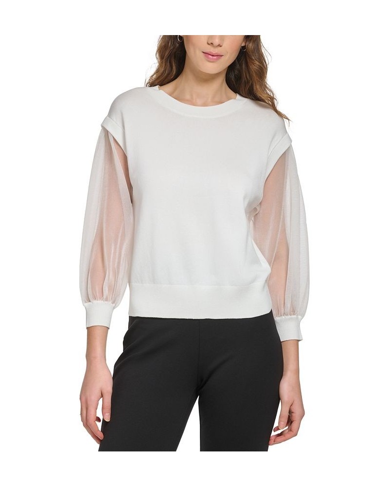 Women's Mixed-Media 3/4-Sleeve Crewneck Sweater Ivory/Cream $33.03 Sweaters