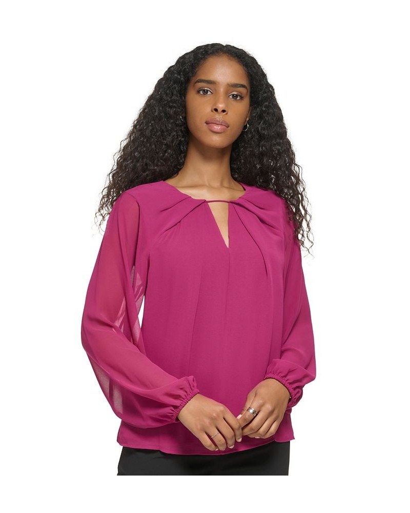 Women's Long Sleeve Keyhole Neck Chiffon Blouse Pink $31.21 Tops