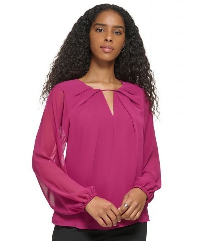 Women's Long Sleeve Keyhole Neck Chiffon Blouse Pink $31.21 Tops