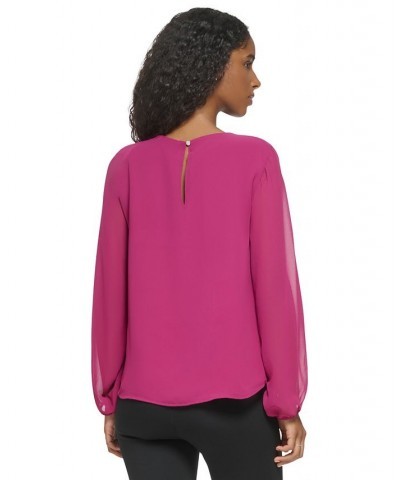 Women's Long Sleeve Keyhole Neck Chiffon Blouse Pink $31.21 Tops