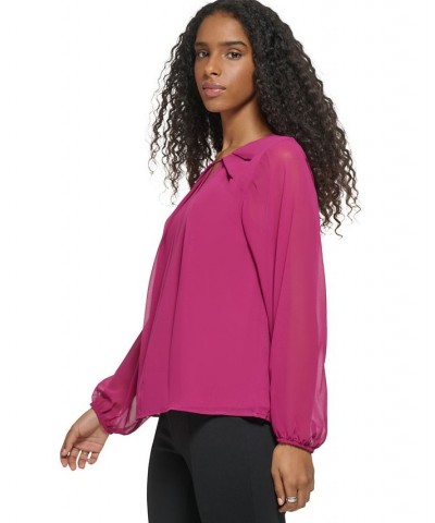 Women's Long Sleeve Keyhole Neck Chiffon Blouse Pink $31.21 Tops