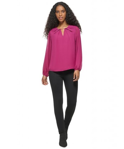 Women's Long Sleeve Keyhole Neck Chiffon Blouse Pink $31.21 Tops