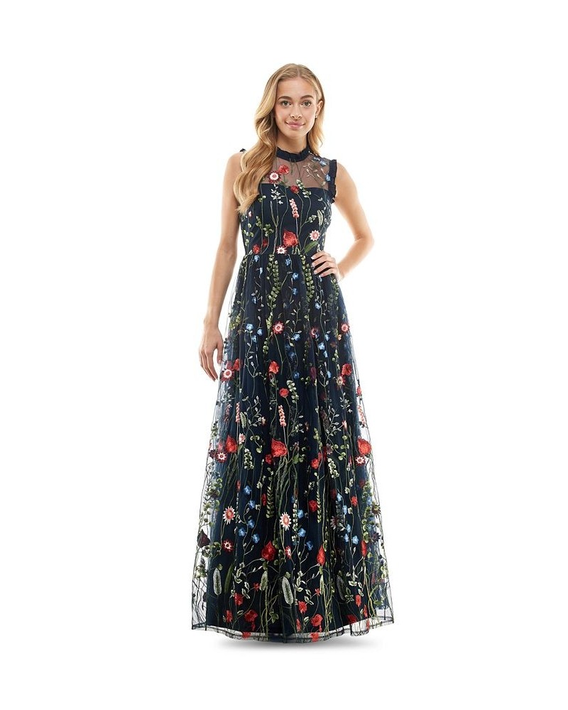 Juniors' Embroidered Mesh Ruffled Gown Navy/red $81.12 Dresses