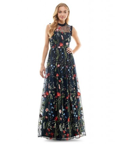 Juniors' Embroidered Mesh Ruffled Gown Navy/red $81.12 Dresses