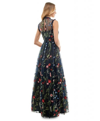 Juniors' Embroidered Mesh Ruffled Gown Navy/red $81.12 Dresses