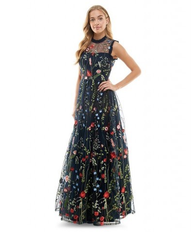 Juniors' Embroidered Mesh Ruffled Gown Navy/red $81.12 Dresses