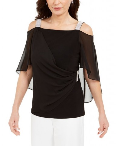 Rhinestone Capelet Cold-Shoulder Top Black $34.76 Tops