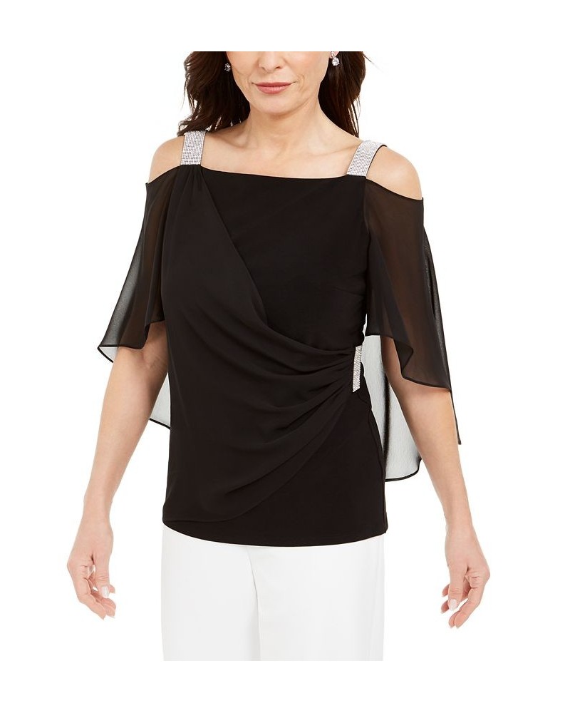 Rhinestone Capelet Cold-Shoulder Top Black $34.76 Tops