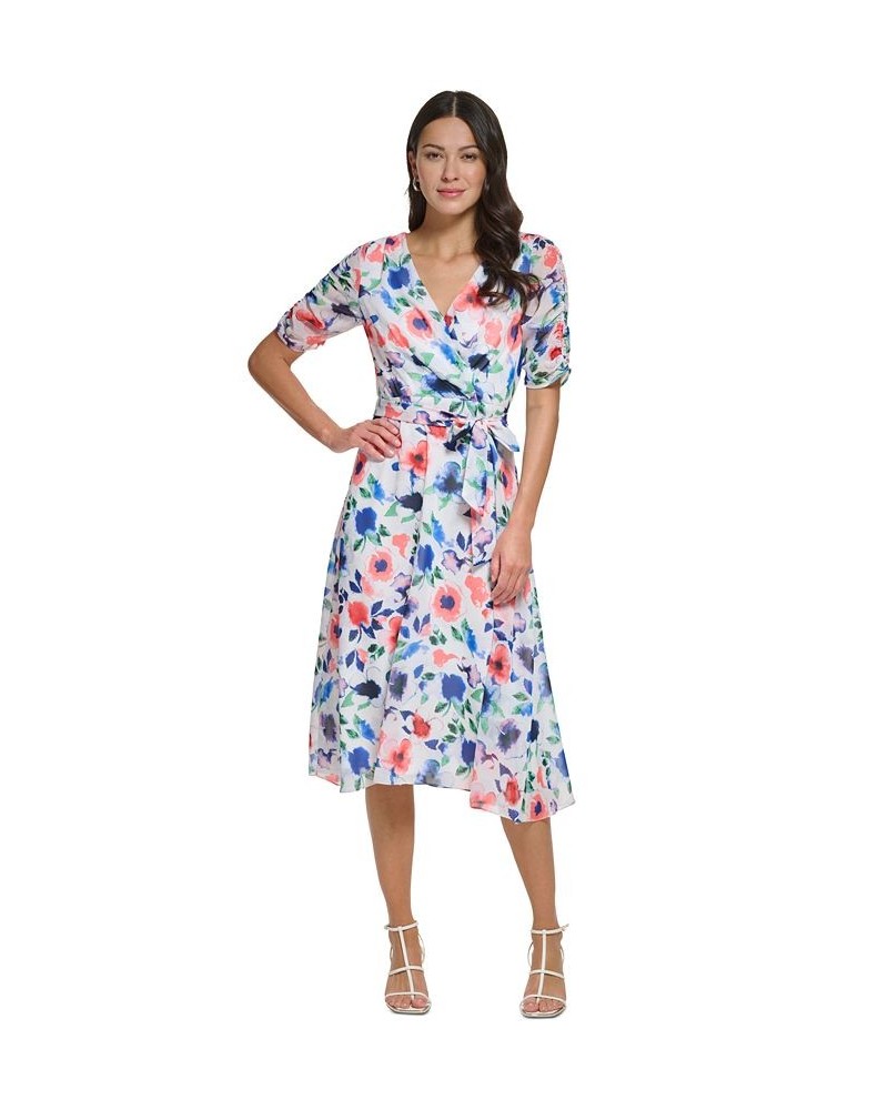 Petite Floral-Print Ruched-Sleeve Fit & Flare Dress Cream Multi $34.78 Dresses