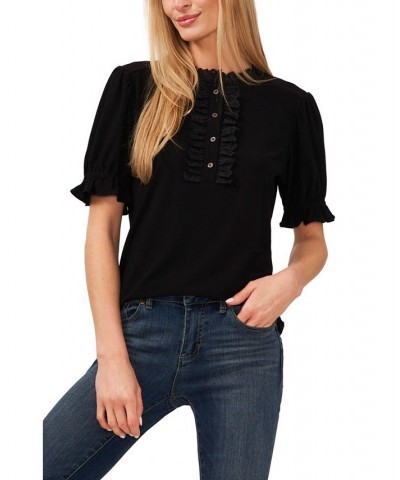 Women's Ruffled Eyelet-Trimmed Henley Knit Top Gray $31.74 Tops