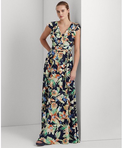 Women's Floral Crinkle Georgette Gown Navy Multi $54.72 Dresses