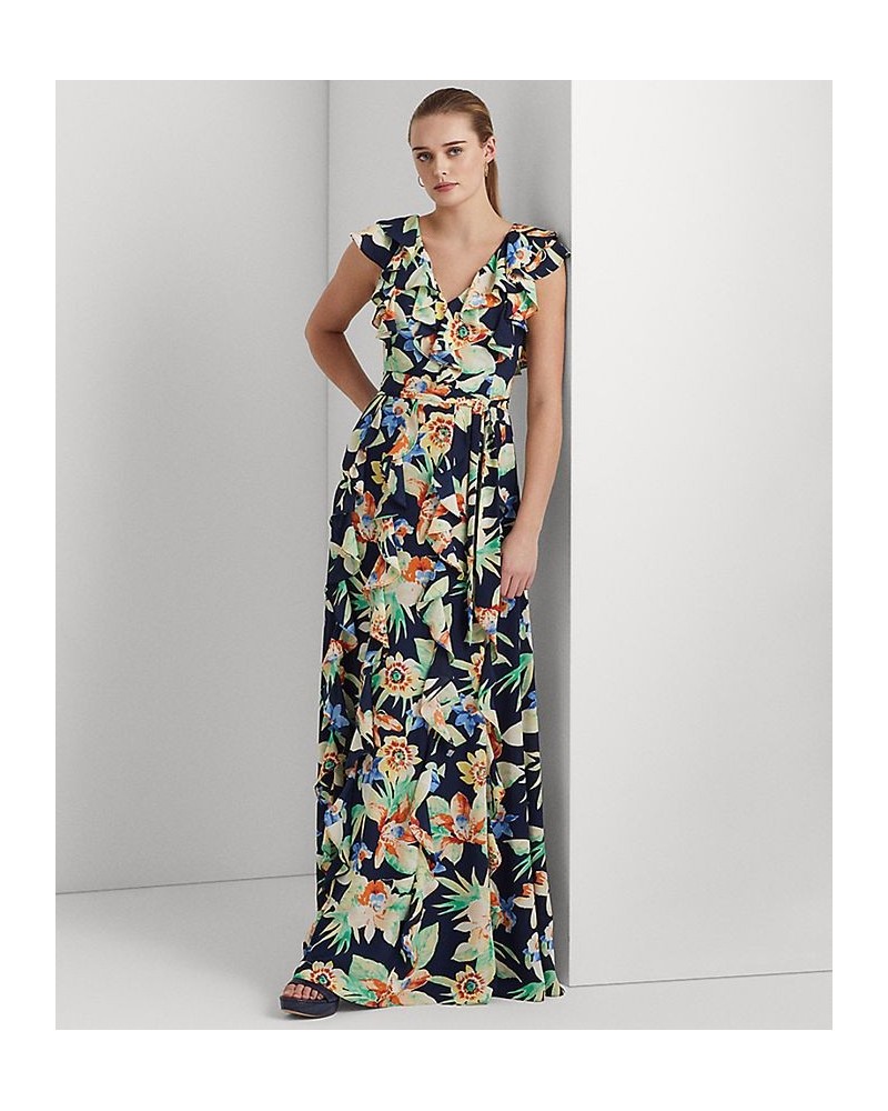 Women's Floral Crinkle Georgette Gown Navy Multi $54.72 Dresses