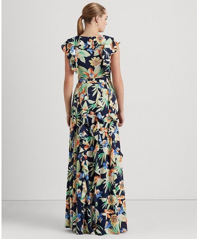 Women's Floral Crinkle Georgette Gown Navy Multi $54.72 Dresses