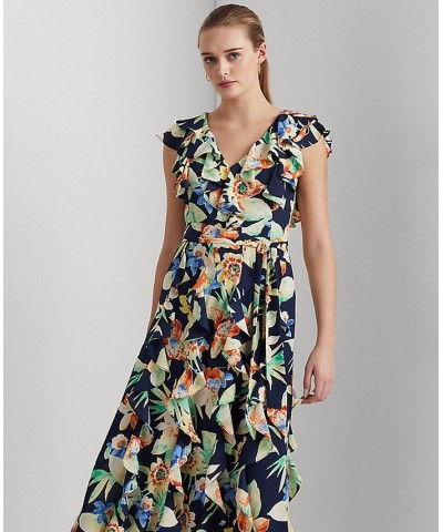 Women's Floral Crinkle Georgette Gown Navy Multi $54.72 Dresses