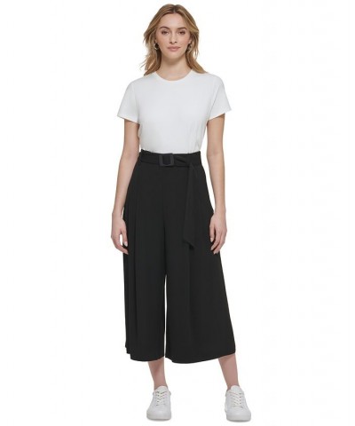 Women's Belted Wide-Leg Cropped Pants Black $54.73 Pants