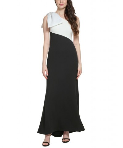 Women's One-Shoulder-Bow-Detail Colorblocked Gown Black White $95.04 Dresses