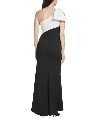 Women's One-Shoulder-Bow-Detail Colorblocked Gown Black White $95.04 Dresses