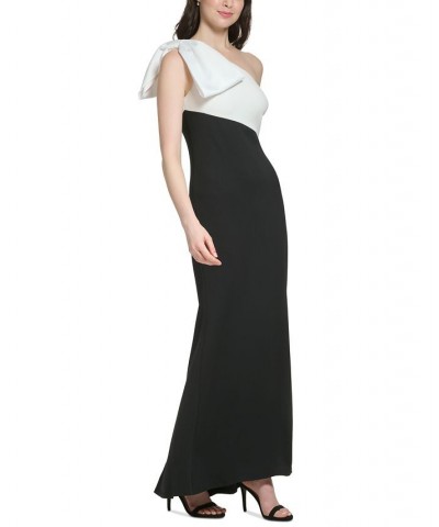 Women's One-Shoulder-Bow-Detail Colorblocked Gown Black White $95.04 Dresses