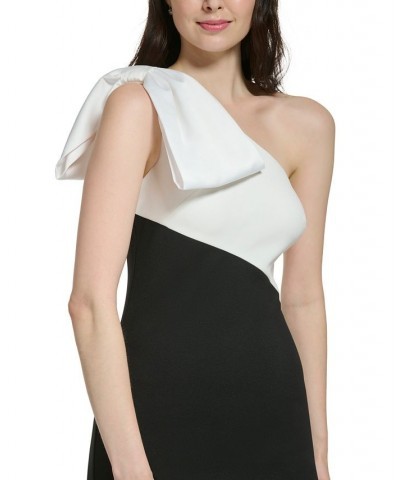 Women's One-Shoulder-Bow-Detail Colorblocked Gown Black White $95.04 Dresses