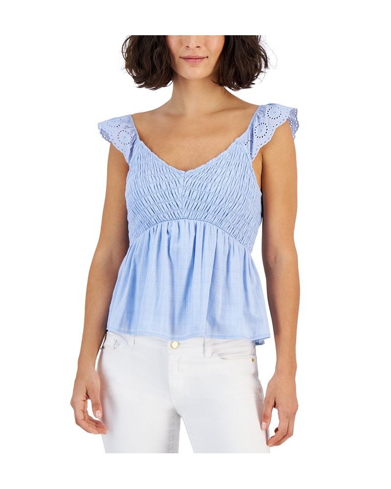 Juniors' Eyelet Flutter-Sleeve Smocked Top Blue $19.20 Tops