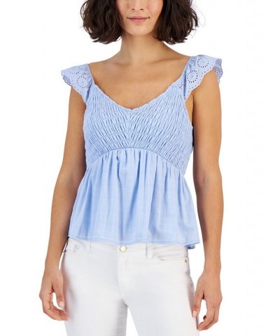 Juniors' Eyelet Flutter-Sleeve Smocked Top Blue $19.20 Tops