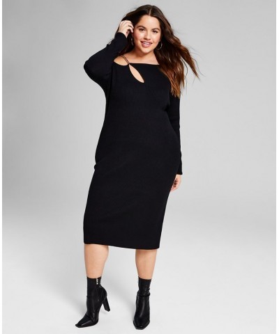 Trendy Plus Size Chain Strap Ribbed Knit Sweater Dress Black $17.25 Dresses