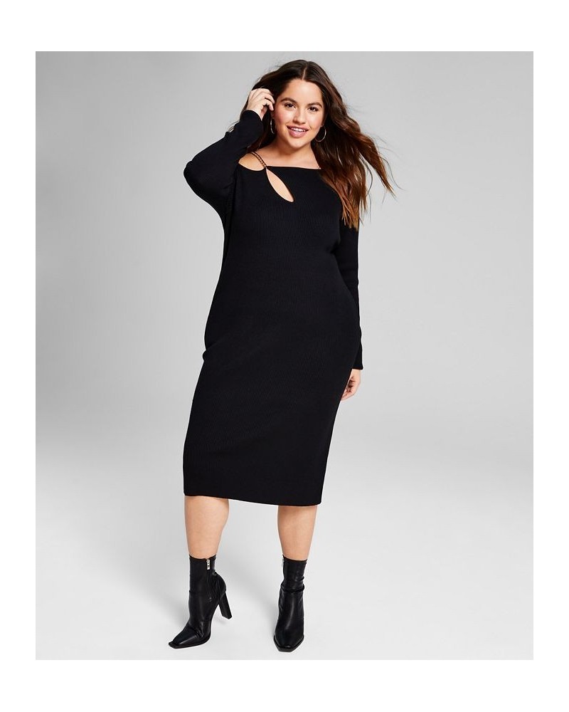 Trendy Plus Size Chain Strap Ribbed Knit Sweater Dress Black $17.25 Dresses