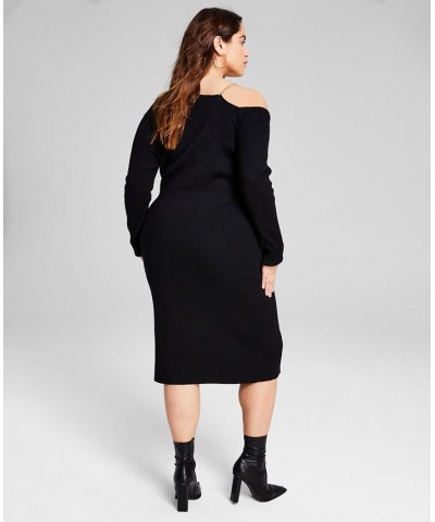 Trendy Plus Size Chain Strap Ribbed Knit Sweater Dress Black $17.25 Dresses