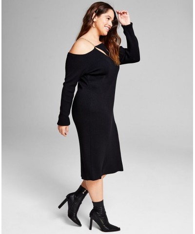 Trendy Plus Size Chain Strap Ribbed Knit Sweater Dress Black $17.25 Dresses