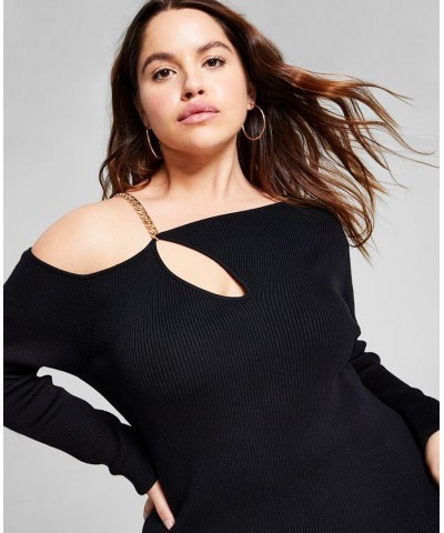 Trendy Plus Size Chain Strap Ribbed Knit Sweater Dress Black $17.25 Dresses