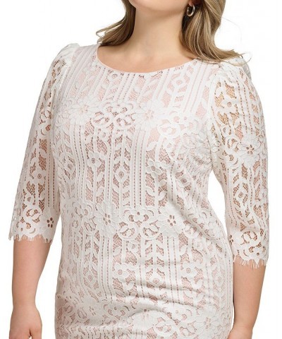 Plus Size Boat-Neck Lace Shift Dress Ivory $60.63 Dresses