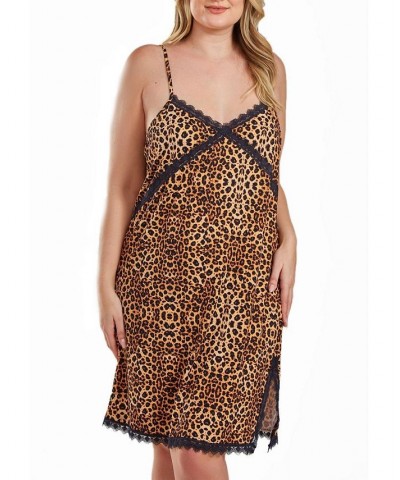 Chiya Plus Size Leopard Chemise with Lace Trim and Front Lace Slit Leopard $28.81 Sleepwear