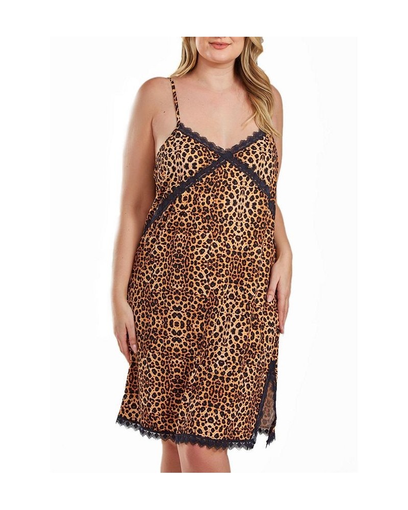 Chiya Plus Size Leopard Chemise with Lace Trim and Front Lace Slit Leopard $28.81 Sleepwear