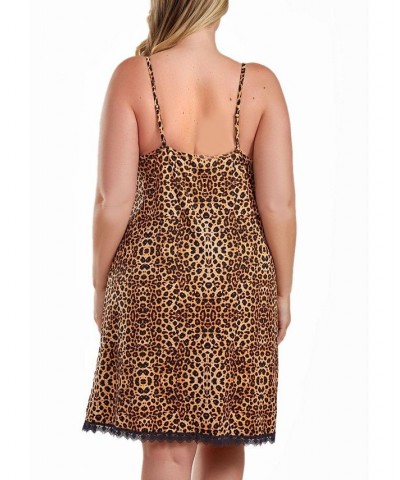 Chiya Plus Size Leopard Chemise with Lace Trim and Front Lace Slit Leopard $28.81 Sleepwear