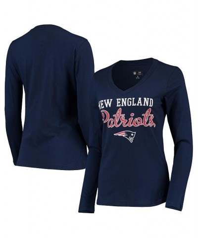 Women's Navy New England Patriots Post Season Long Sleeve V-Neck T-shirt Blue $13.33 Tops