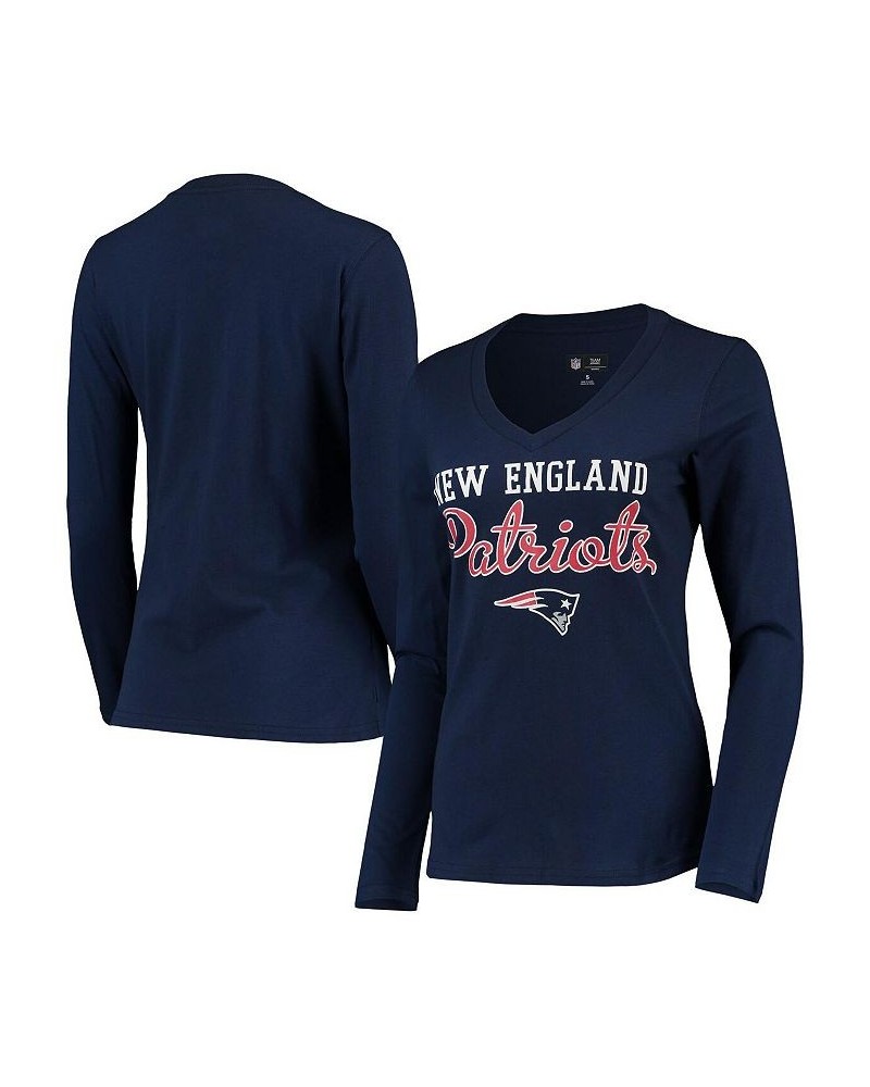 Women's Navy New England Patriots Post Season Long Sleeve V-Neck T-shirt Blue $13.33 Tops