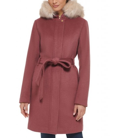 Women's Belted Faux-Fur-Trim Hooded Coat Pink $100.00 Coats