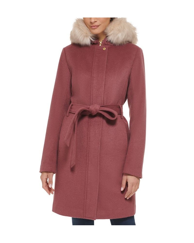 Women's Belted Faux-Fur-Trim Hooded Coat Pink $100.00 Coats