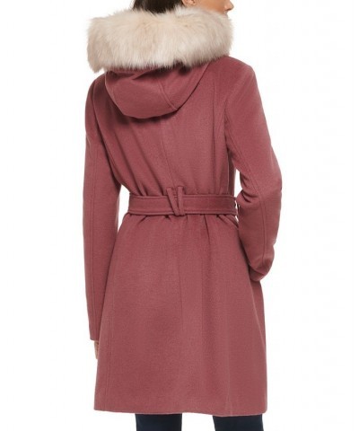 Women's Belted Faux-Fur-Trim Hooded Coat Pink $100.00 Coats