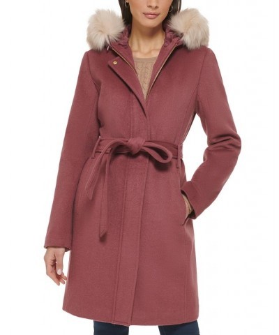 Women's Belted Faux-Fur-Trim Hooded Coat Pink $100.00 Coats