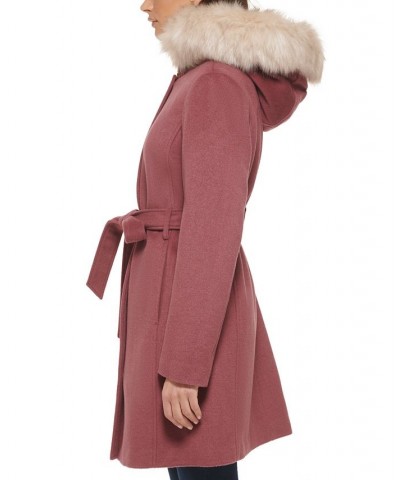 Women's Belted Faux-Fur-Trim Hooded Coat Pink $100.00 Coats