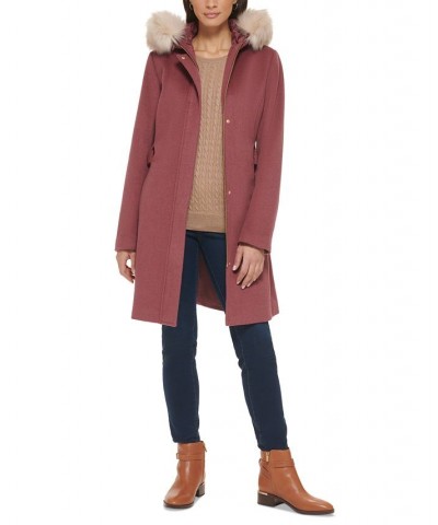 Women's Belted Faux-Fur-Trim Hooded Coat Pink $100.00 Coats