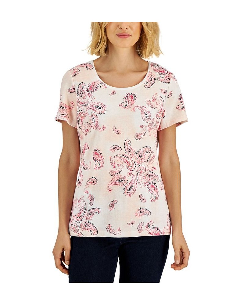 Women's Paisley-Print Relaxed Scoop-Neck Top Bright White $7.21 Tops